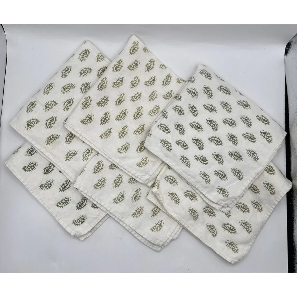 Lot of 6 White Hand Towels Cloth Napkins Green Leaf Leaves‎